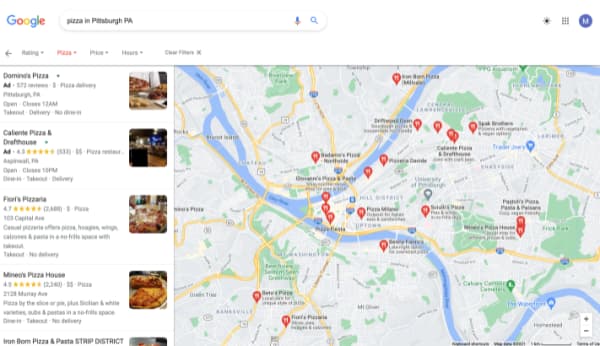 List and map that appears upon clicking "View all" under the Local Pack for the search term "pizza in Pittsburgh PA"